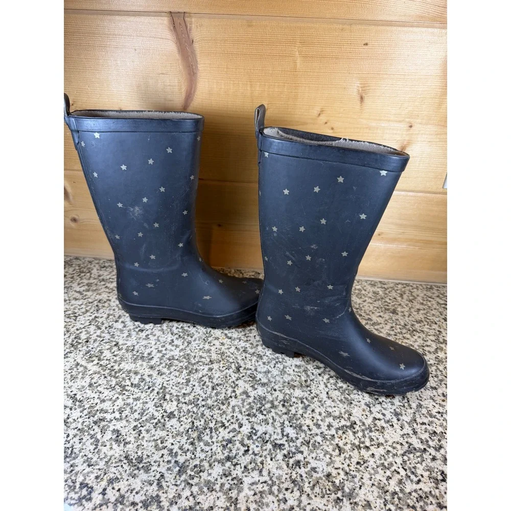 Black Rubber Star Print Rain Boots Waterproof Mid-Calf Pull On Size 1